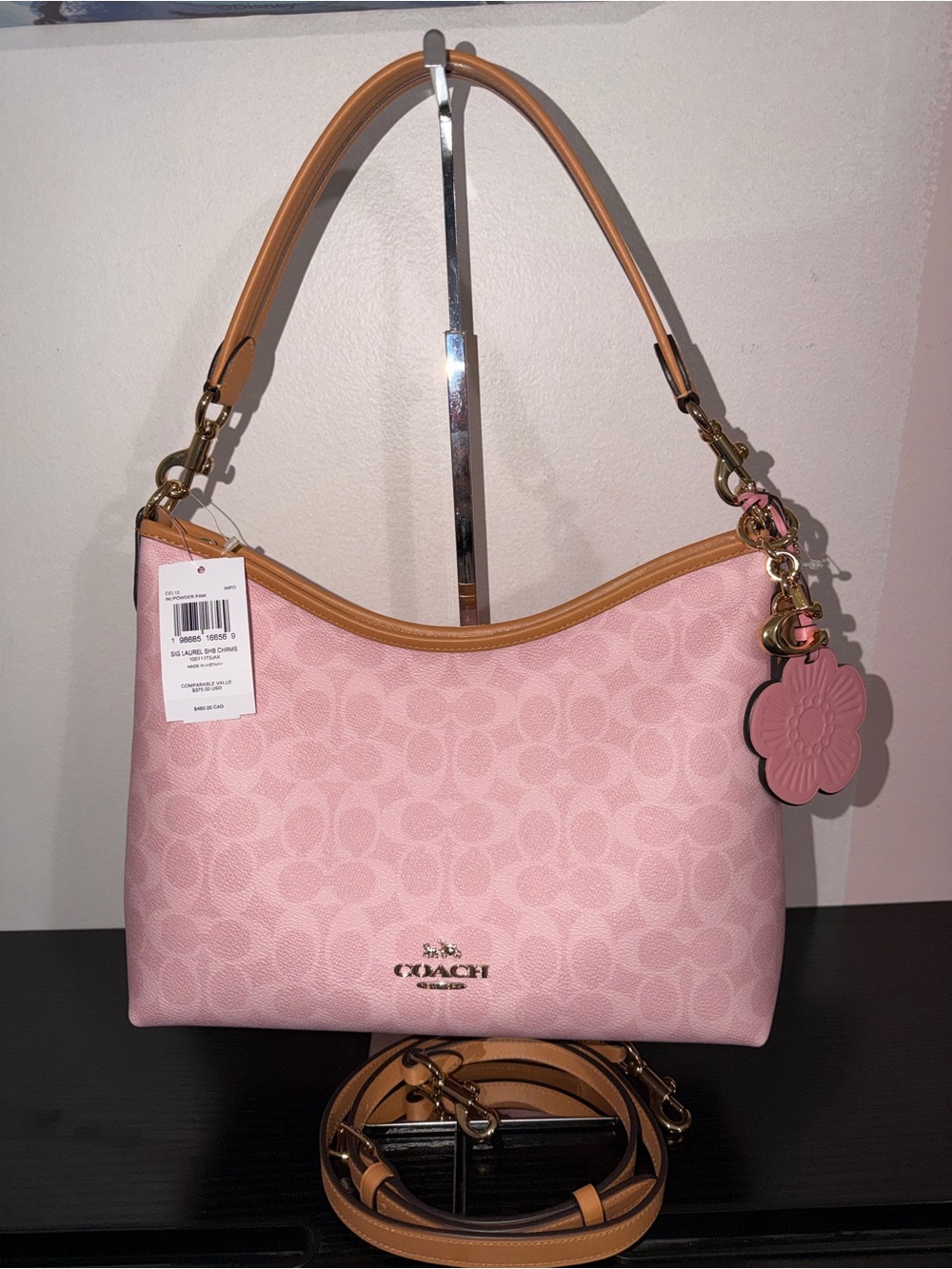 Coach Laurel Shoulder Bag Signature Canvas with Charms NWT Powder Pink